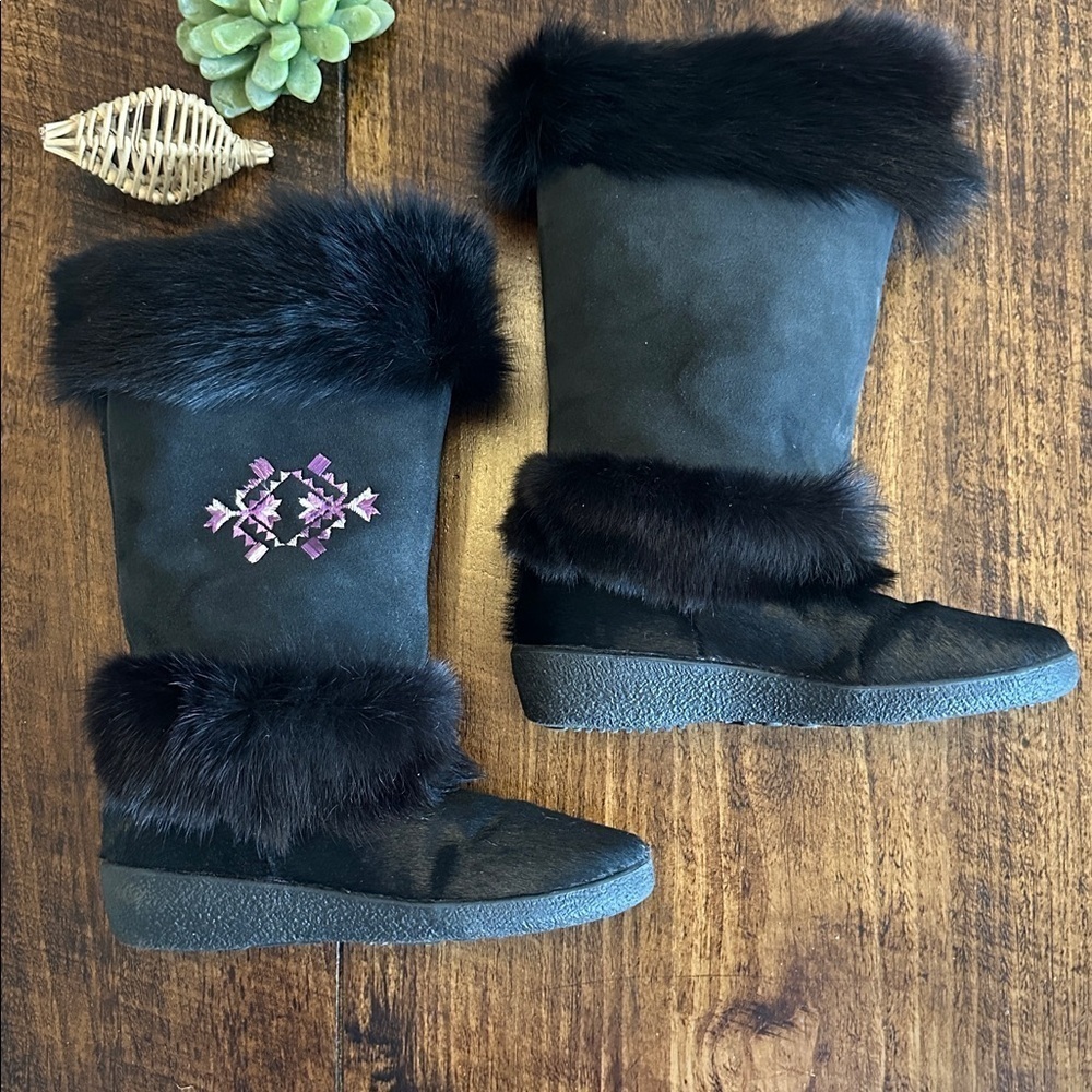 Alessia | Italian Black Fur/Suede Snow Boots, Embroidery Detail, Size 38 (US 7)